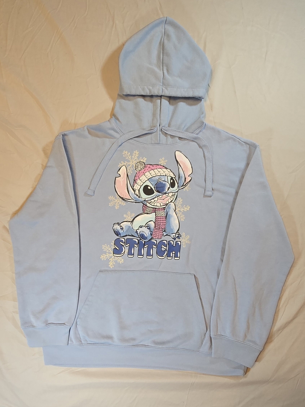 Disney Stitch Winter Snowflake Hoodie Womens XL 15-17 Light Blue Fleece Pullover